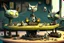 Placeholder: Happy cats sitting on a table :: industrial robotic cats, characters from machinarium pictoplasma, assemblage of naive art and les automatistes, by Alexander Jansson and Leo Lionni, a storybook illustration of a surrealist cat sculptures, cgsociety and behance contest winner