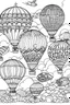 Placeholder: coloring book page, Color hot air balloons floating gracefully in the sky alongside colorful stunt planes performing daring loops and twists ink drawing clipart, simple line illustrations, black and white
