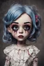 Placeholder: full color, illustration of a dark, menacing, monster girl Singer Melanie Martinez , as a decayed, broken, crude homemade cloth doll toy, with a narrow cracked porcelain face, thick dark eyebrows, hair made from ragged strips of cloth, in the style of Alex Pardee, Tim Burton, and Nadya Sheremet