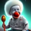 Placeholder: a smiling human clown baby called tobias leander with hair, playing with toys, sitting in chair, photo realistic spray painting, book cover