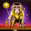 Placeholder: A monkey playing the drums, london skyline at night, in the style of Salvador Dali