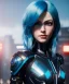 Placeholder: Cyborg anime warrior, light blue hair, blue eyes, waist up portrait, 8k resolution, intricate details, ornate details, soft lighting, vibrant colors, retroanime, masterpiece, intricate eyeliner, dark eyeshadow, eyes, intricate tattoos, futuristic cityscape background