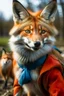 Placeholder: A happy fox with blue eyes with red jacket hunting a duck
