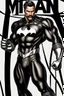 Placeholder: an extremely muscular superhero man wearing a black, skintight, formfitting cowl, a black, skintight, formfitting, Kevlar bodysuit, Silver Wrist Gauntlets, Silver Belt, Silver knee-high boots, black gloves, silver "M" logo on the chest, a mustache and goatee, black gloves, 32k UHD, Hyper Realistic, Photorealistic, realistic, life-like, real life, extremely detailed, extremely sharp, extremely vibrant, extremely colorful, Full color, professional quality, in the art style of Boris Vallejo