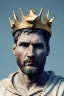 Placeholder: Ultra Realistic image, Roman sculpture, white marble material, Lionel Messi, gold crown of natural thorns, god crown, sun rays background, waist up portrait, epic, celestial, cinematic lighting, God lights, 4k resolution, smooth details, soft lighting, unreal engine 5, art station, substance 3d.