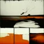 Placeholder: Melancholy Minimal abstract flat landscape painting. Rough brushstrokes and dripping paint. A single orange colour highlight with complimentary background colours. Use rule of thirds. Place the Horizon line at the top. Style of Justin Mortimer.Abstract empty landscape painting. Dripping paint. Rough. Minimal. Style of Justin Mortimer.