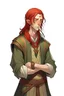 Placeholder: d&d high elf male fourteen years old with red hair wearing medieval clothes with hands behind his back