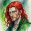 Placeholder: dnd, fantasy, watercolour, large strokes, stylistic, portrait, illustration, dull colours, male, face, narrow long face, weathered face, green eyes, determined, smiling, red hair, very long hair streaming down the shoulders, radiating light, five o'clock shadow