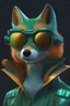 Placeholder: 3D cartoon Fox Head with Human Body, Wearing Iridescent Holographic Liquid Texture & Translucent Material Sun Protective Shirt, Boss Feel, Nike or Addidas Sun Protective Shirt, WitchPunk, Y2K Style, Green and blue, Blue, Metallic Feel, Strong Reflection, plain background, no background, pure single color background, Digital Fashion, Surreal Futurism, Supreme Kong NFT Artwork Style, disney style, headshot photography for portrait studio shoot, fashion editorial aesthetic