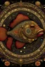 Placeholder: Create an image of two ornate, mechanical fish with intricate patterns on their scales, forming a perfect circle by aligning head to tail. They are surrounded by a decorative border featuring astrological symbols and filigree, with a rich background of a cosmic sky filled with stars, nebulae, and distant galaxies. The color palette should be warm with deep reds, golds, and touches of celestial blue. Each fish should possess a whimsical yet elegant look, with flowing fins and tails that blend sea