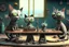 Placeholder: Happy cats sitting on a table :: industrial robotic cats, characters from machinarium pictoplasma, assemblage of naive art and les automatistes, by Alexander Jansson and Leo Lionni, a storybook illustration of a surrealist cat sculptures, cgsociety and behance contest winner