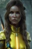 Placeholder: Camilla luddington face, texture skin,Crystal yellow eyes, long white hair, wearing The Lara Croft, realistic, 4k, intricate, best quality, fog particles, fire particles, octane render, vray, sword fire