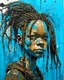 Placeholder: arafed minimal crude sketchy, abstract acrylic and ink painting: gritty post-apocalyptic portrait of a Black woman with dreadlocks and a mechanical headpiece. Her face features dirt and bright blue paint. She wears distressed brown clothing against an abstract background of vertical cyan and brown paint streaks