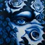 Placeholder: A detailed high quality surreal painting of a delicate, shimmering single blue animorphic rose that had a small pretty face in its petals, pouting, background is a blurred black and white hypnotic pattern, very mod, 1960s inspired art, psychedelic, highly detailed conceptual art, mixed media collage, dark fantastical atmosphere, fine lines, dali-esc, beautiful and natural, strange art, optical illusion