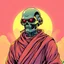 Placeholder: comic style terminator like robot, synthwave colored, vaporware, budist monk robe