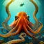 Placeholder: portrait of an octopus with fish in background in the style of Chris Ryniak