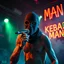 Placeholder: a very thin swedish man, with a skimask with only a hole for the mouth (no eyes), he is called "KEBAB MAN" performing at death metal club, his name is "KEBAB MAN" kebab rolls On stage, kebab Neon lights and smog, and "KEBAB MAN" big sign on the wall, kebab tribal tattooes, spinning kebab machines, flames and smoke, chaos, he singing with mic,