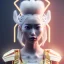 Placeholder: Cyber teenager, blonde, geisha style bhair, white skin, Japanese pattern dress, velvet, gold, cyberpunk style, purpurin, highly detailed, art stations, concept art, smooth, unreal engine 5, god rays, ray tracing, RTX, lumen lighting, ultra detail, volumetric lighting, 3d, finely drawn, high definition, high resolution, gradient background