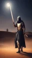 Placeholder: Make me a picture of a Muslim knight, holding a sword in his hand, standing in a desert, at night, with his back to the screen.