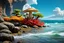 Placeholder: photorealistic exotic giant mushrooms and coral with tentacles on a rocky shoreline, cliffs, and cloud trees