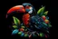 Placeholder: Lively 4D HDR Visualize an (((ultra detailed toucan))), its hyperdetailed beak, eyes and intricate feathers, plucking a red coffee bean from an arabica coffee plant, stylized tropical rainforest foliage, featuring line art and color splashes, set against a (matte black background) with a (developed artist's attention to detail), gorgeously contrasted by a (water splash) and a (color splash art) that mimics fire and water, all rendered in ultra-detailed artistry"; lush jungle environment 《Inspire