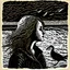 Placeholder: Linocut of a young woman on the beach in dark sea weather and a seagull over it