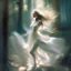 Placeholder: A sweet delicate music surrounding a gracious girl dancing barefoot in a forest, detailed beautiful face, she's wearing a white transparent dress, looks like a painting, volumetric lighting, depth of field