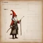 Placeholder: ConceptSheet [by Guy Borremans]: woman gnome wizard and her long rod with AD&D statistics