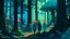 Placeholder: A digital painting by Kuniyoshi and Kandinsky of tech-people walking inside a futuristic forest.