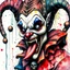 Placeholder: soft textured watercolor illustration of surreal leering sinister Jester :: Harlequin print, Masterpiece, Intricate, Insanely_Detailed, Art_by_Kim_Jung Gi, Carne Griffins, Ink Drip, Paint Splatter, Textured!!!!, abstract art, complementary colors, fine details