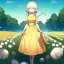 Placeholder: anime girl holding on to a dried dandelion flower and blowing the dried seeds into the air as the wind carries them away. outdoors scene.anime girl standing in a meadow of flowers. thw wind is blowing flower pedals into the wind. girl wearing yellow dress. more emphasis on seeds floating in the air