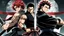 Placeholder: yujiro hanma vs yoriichi tsugukuni, baki vs kimetsu no yaiba, two mans standing in front of each other, a big strong man in black shirt with red hair and evil grin facing a smaller swordsman with long hair and calm face in traditional japanese clothes