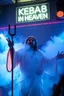 Placeholder: An "Kebab man" performing at dance club, his name is "Kebab man" and looks crazy, Jesus on stage, White and light blue Neon lights and smog, "KEBAB IN HEAVEN" SIGN ON WALL