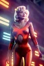 Placeholder: Realistic movie image, retro sci-fi, portrait, blonde woman, sweet Marylin Monroe face, perfect iris, glow eyes. tight latex tights suit. Retro Futuristic city, cars flying. epic style, vibrant color, highly detailed, unreal engine 5, ray tracing, RTX, lumen lighting, ultra detail, volumetric lighting, 3d, finely drawn, high definition, high resolution.