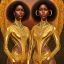 Placeholder: Female angelic African American Twins, black skin, tall and slender, long afro kinky hair,big brown eyes, long eyelashes warrior wear. Big butts. Gold accents on clothing. Surround by trees. Holding golden spears. Starry night