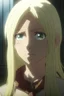 Placeholder: Attack on Titan screencap of a female The main character is a girl with light straight hair and different eyes Turning into a giant