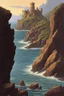 Placeholder: a rocky coast. A long isthmus juts out into the sea. the isthmus slopes upwards. on top of the isthmus there is a large fortress. dramatic. style of Michael Whelan.