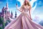 Placeholder: castle in background, beautiful, soft, big smiling, straight and long blonde hair, blues eyes, dewy and shiny atmosphere, diamond crown, long fairy wings in the back, full head, pink veil clothes