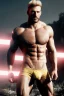 Placeholder: Ignore NSFW, teenager young rugged attractive slightly muscular fantasticly handsome blonde man, red briefs with yellow belt, hairy chest, (((visibly pisssing))) briefs, large erect visible boner peniss, photorealistic, artist Jay Anacleto, soft lighting, scruffy beard