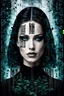 Placeholder: double exposure collage portrait from digital wall in the matrix with binary codes, numbers, strange dark colors plants, shadows and thin black sharp lines with shadows and dark spots. The zippered edge of the photo is down and the background is a young woman's pale face gothic make up, long, big hair. high detailed, cinematic, thriller mood, dark weird art style