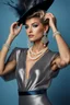 Placeholder: full body beautiful girl, elegant silver,lace clothes of the 80s, luxury style, small elegant hat with feather, hair of the 80s, pearl necklace, earrings masterful, beautiful face,blue backdrop