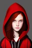 Placeholder: A sassy beautiful young woman with dark brown eyes and shoulder length red hair wearing a black hoodie. Realistic.