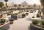 Placeholder: public area with giza pyramids, modern street seating , planters, shops