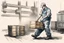 Placeholder: a swedish industry worker from sweden, very strong pushing a wooden crates and IBC along the floor in a factory, very basic sketch painting like the image i uploaded