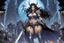 Placeholder: (in the style of Orion, by Masamune Shirow) skinny Ashley Graham, the Necromancer Queen emerges, her twin swords gleaming with dark power. Undead minions heed her command, twisted by her malevolent magic into grotesque servitude. Flanked by monstrous warriors, one decay-shrouded and the other a formidable mass of muscle, she nears the heart of the battlefield as a storm of dread brews above, echoing nature's