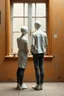 Placeholder: Two of Maniquí de pintura Artist mader made of white milky texture standing alone by the window