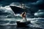 Placeholder: Compose a haunting and powerful image of a beautiful girl surrounded by her sadness in a surreal environment. Use dynamic lighting to create contrast and depth, illuminating her emotions and struggles. The sky above should be turbulent, with storm clouds brewing, reflecting the turmoil within her. In the background, depict a stormy ocean with a sinking ship, symbolizing loss and despair. Show a few people struggling for survival, adding a sense of urgency and chaos to the scene. Let the composit