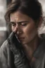 Placeholder: A close-up image of a woman wiping away a tear with a determined expression, realistic, photorealistic, hyperrealism, full-body