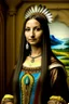 Placeholder: Mona Lisa wears a Pocahontas dress and a Native American feather on her head