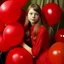 Placeholder: Autochrome, cute russian girl with long hair, in red, covered with balloons